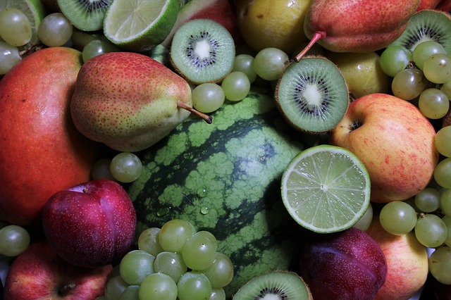 Grapes, watermelon, kiwi, lime, apples